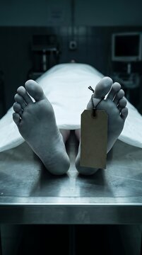 Close up of human feet with toe tag lying on a metal examination table in morgue dead body forensic medicine medical examiner deceased person hospital bed mortuary