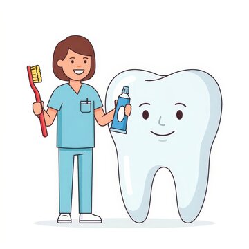 Dentist holding toothbrush with cute cartoon tooth