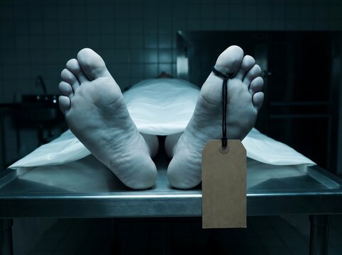Dead Body on Steel Mortuary Gurney with Toe Tag in Hospital Morgue: Forensic Pathology Autopsy, Crime Scene Investigation, Medical Examiner Examination, and Coroner Concept Background