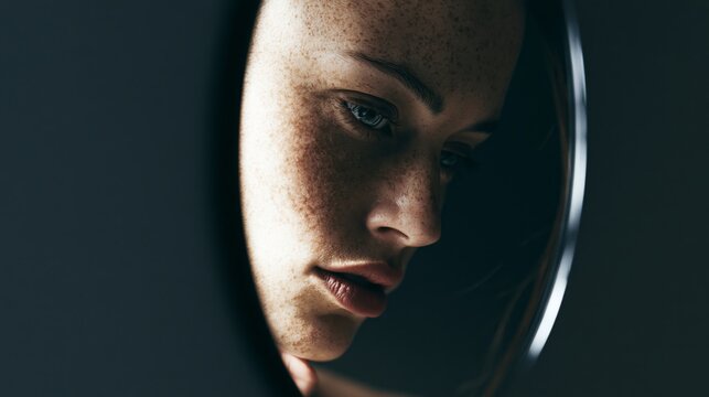 Close up portrait of a young woman with freckles looking into a mirror representing natural beauty skincare self reflection and individuality