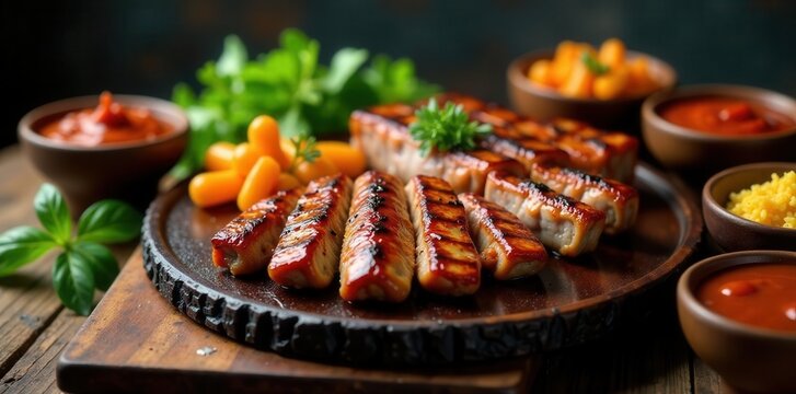 Grilled meats, veggies, & sauces on rustic table Abundant BBQ feast , rustic table, delicious food, sausage