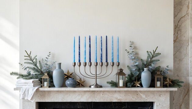Silver hanukkah menorah on a mantel