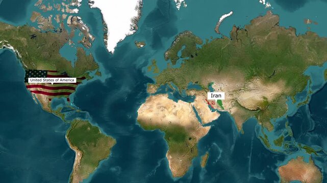 Animated flight route map showing airplane travel path connecting the United States of America with Iran across the globe in this stock video clip