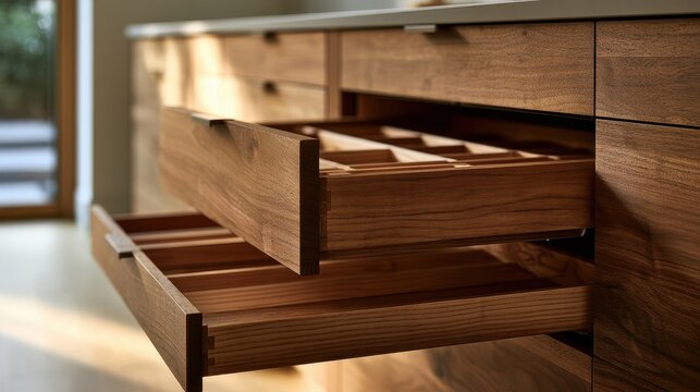 Warm wood cabinetry with insert systems and a pullout tray in a contemporary kitchen