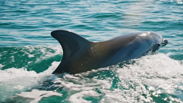 Playful Dolphin Leaping from Ocean Water, Marine Wildlife Swimming in Blue Sea, Aquatic Animal Concept