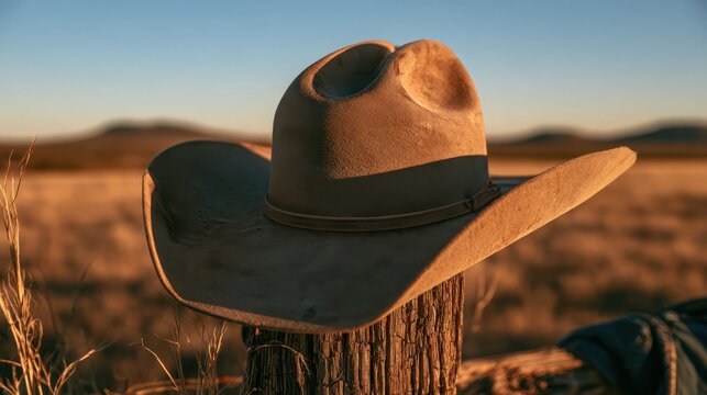 Warm-toned sunlit hat in a tranquil Texan farmland setting with distant hills