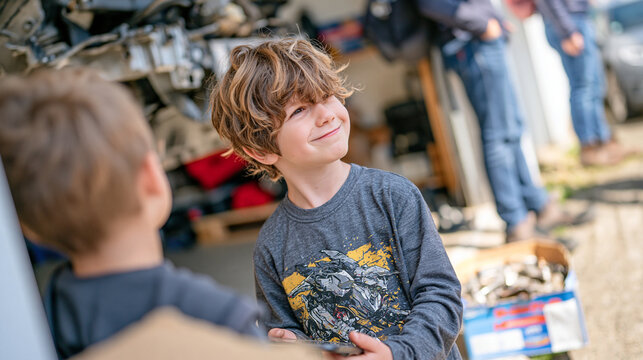 A child watches from a distance as a parent monitors a vehicle washing fundraiser process via a remote tablet, a box of spare parts visible in the open garage, the industrial family unit framing evo