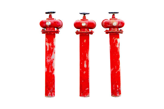 Three red fire hydrants installed connection system to deliver water along pipe line. Isolated on cut out PNG or transparent background. Fire safety, emergency equipment, public infrastructure.