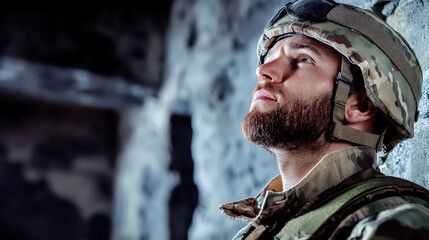 Fototapeta premium Thoughtful American soldier gazes upward, reflecting his experiences rugged environment. atmosphere conveys sense of determination and resilience