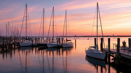 Fototapeta premium Wide-angle coastal harbor at golden hour with moored sailing vessels