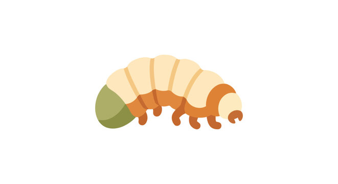 A stylized grub illustration features segmented body and legs on a white background