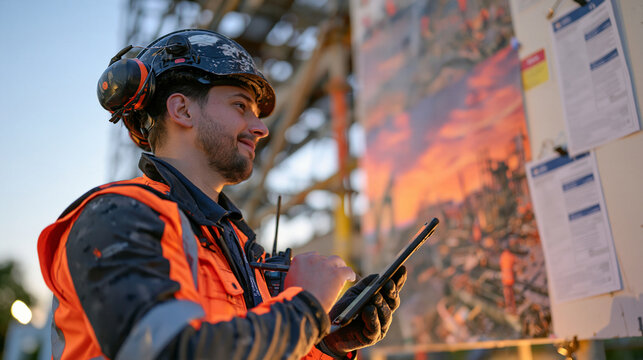 A scaffolding worker records a voice memo about structural progress at twilight on a construction site, a radio playing quietly in the background beside the before-and-after visual of completed vers