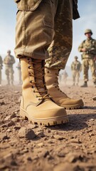 Fototapeta premium US Military Soldiers on Patrol in Desert Terrain, Tactical Training Exercise, Security and Defense Operations, Ready for Deployment.