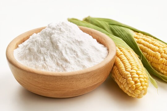 Wooden bowl of cornstarch with fresh corn on a white studio background