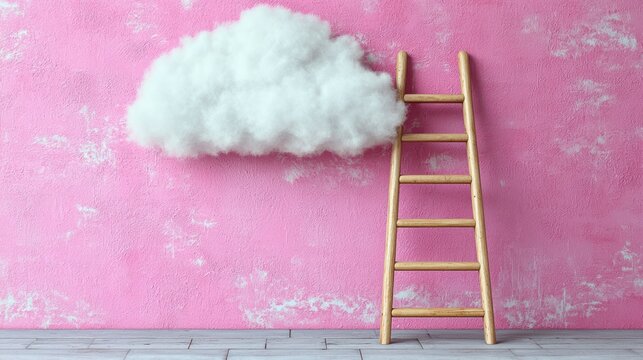 Ladder leans against pink wall, cloud above it