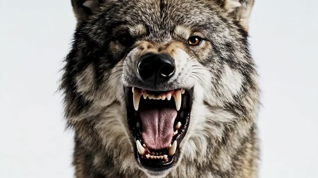 Fierce gray wolf snarling and baring sharp teeth in aggressive close-up studio portrait timber wolf wild animal
