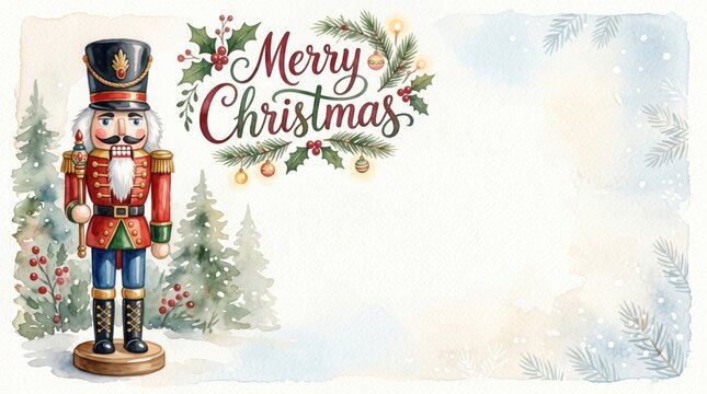 Nutcracker soldier standing in winter landscape with merry christmas text. Watercolor with festive pine branches and berries.