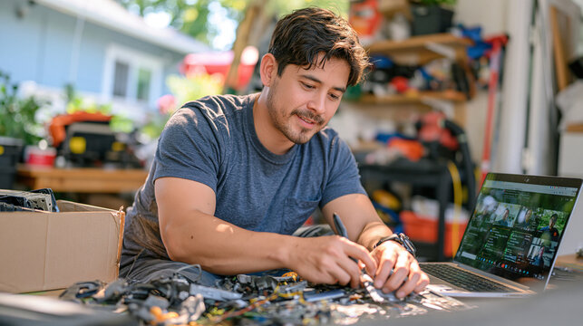 An air conditioning repair technician improvises a duct seal with limited spare parts in a family workshop, a cardboard box of mismatched components beside the figure as a laptop shows overlapping t