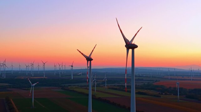 Wind turbines, aerial view across farmland beneath a sunset gradient. A foreground rotor faces the camera above tree belts and fields beneath a pink and yellow sky.