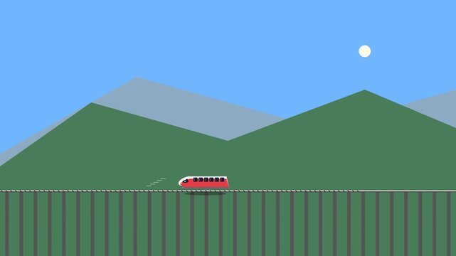 Minimalist flat vector illustration of a red train traveling through a scenic green mountain landscape under a clear blue sky