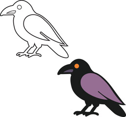 Fototapeta premium Black Raven Bird Halloween Color and Outline Vector Icon