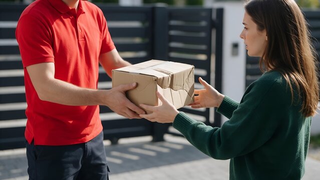 Delivery courier handing over a severely dented and damaged cardboard package to an unhappy female customer standing outside her home during daytime