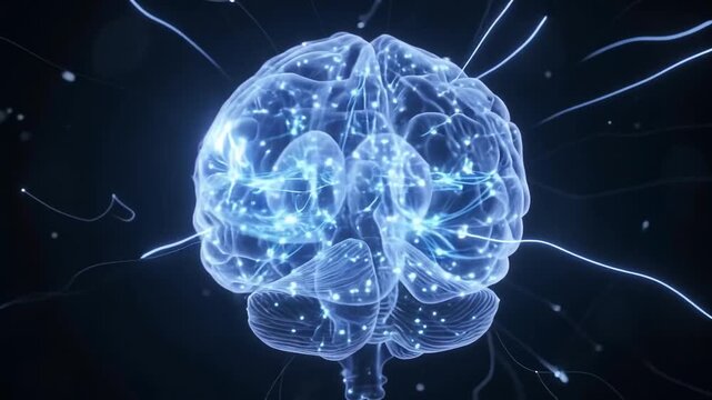 Glowing digital neural network brain rotating concept of artificial intelligence