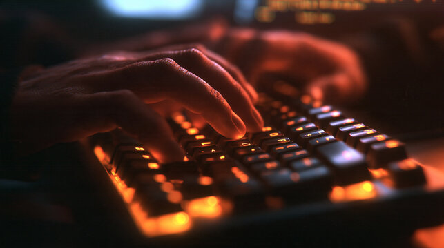 Programmer Hands Typing on Illuminated Keyboard at Night