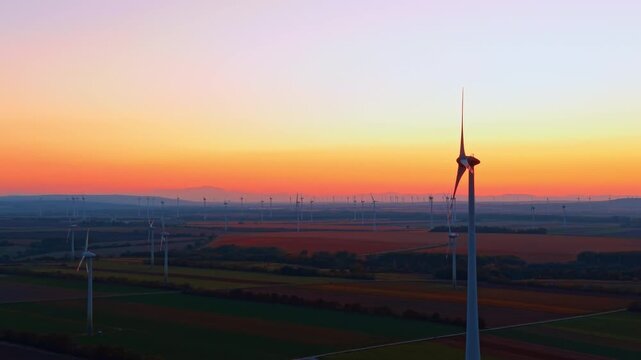 Wind turbine and farmland, aerial view beneath an evening horizon. A foreground tower rises from rectangular plots below a yellow and orange band of sky.