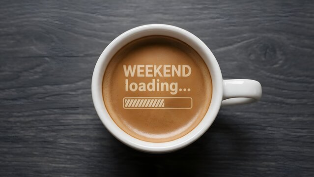 White ceramic cup filled with aromatic espresso featuring creative foam art showing weekend loading text and loading progress bar on dark wooden table