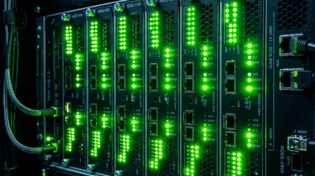 Network Server Rack with Glowing Green LED Lights