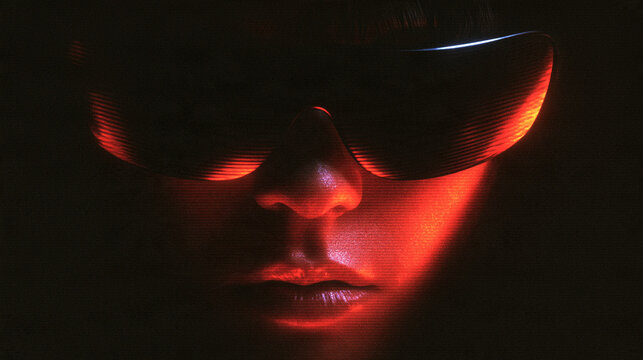 Futuristic Cyberpunk Person Wearing Glowing Red Visor Sunglasses