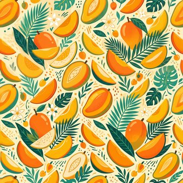 Mango Seamless Pattern with Tropical Leaves and Fruit Slices