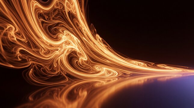 Abstract Flowing Golden Energy Waves on Dark Reflective Surface