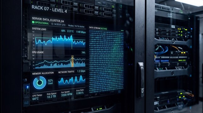 Server Rack with Digital Monitoring Dashboard in Data Center