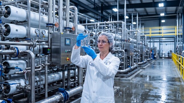Quality Control Technician Inspecting Water Sample in Industrial Plant
