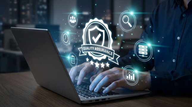 Quality assurance seal and compliance badges glowing over hands typing on a laptop keyboard to represent software testing, standardization, and verification.