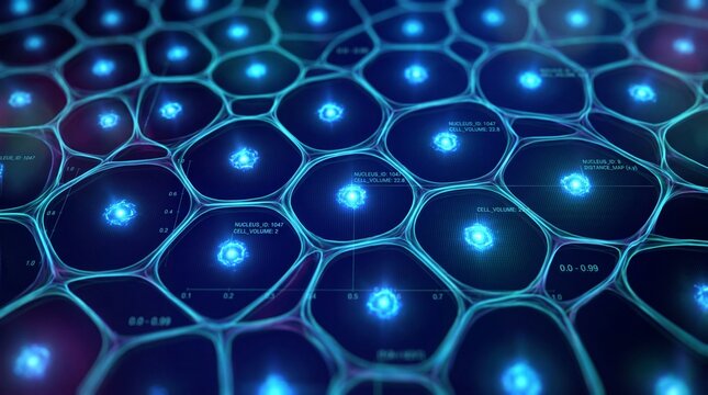 Microscopic View of Glowing Cells with Digital Data Interface