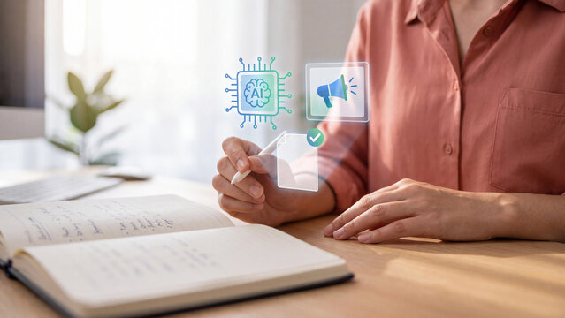 AI content writing and digital marketing concept, woman with pen approving virtual document near ai chip and megaphone for copywriting, advertising announcement and social media promotion