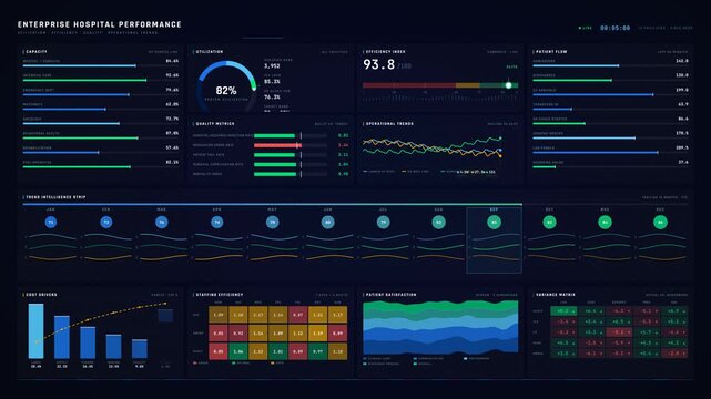Explore a comprehensive 4K enterprise hospital performance dashboard showcasing utilization, efficiency, quality, and operational trends with executive clarity and engaging animations.