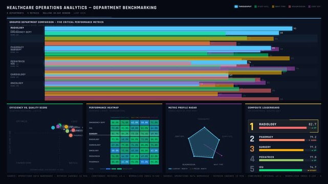 A sophisticated dark-mode healthcare operations analytics dashboard visualizes comparative performance metrics across hospital departments with clear data visualization and animations.