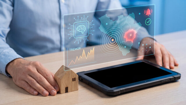 AI earthquake early warning and seismic monitoring concept, man with wooden house model and tablet showing tremor graph, map epicenter and alarm for disaster risk and home insurance