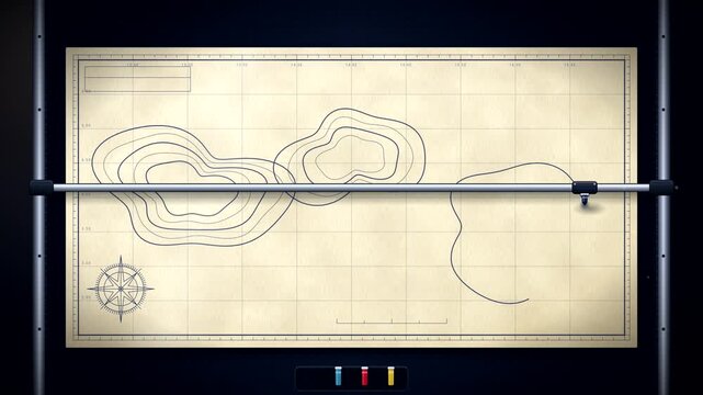 Mechanical Pen Plotter Drawing Ink Map on Cream Paper, Cartography Route Loop