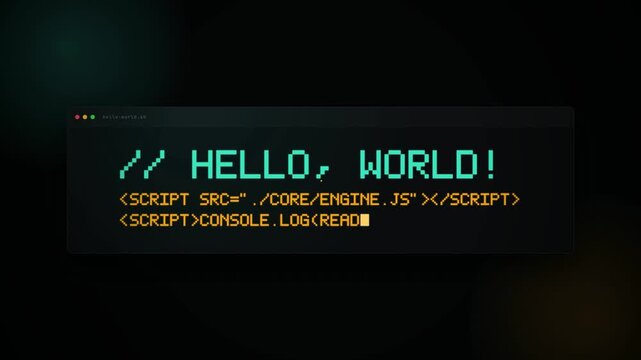 Programming Code Typing Hello World on Dark Terminal Screen.