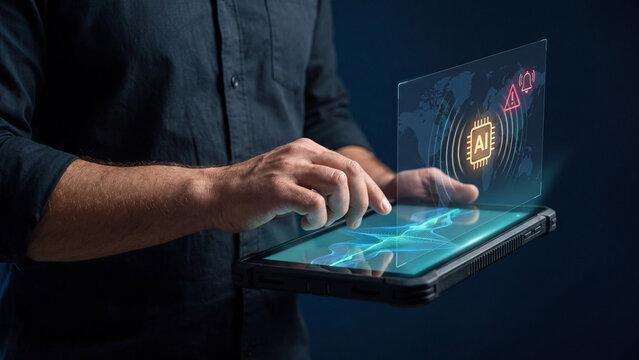 AI global disaster alert and seismic wave detection concept, man touching rugged tablet with world map, ai chip signal, warning and alarm for earthquake, tsunami and emergency response