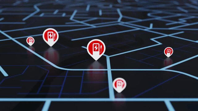 3D map animation of electric vehicle charging station markers on a dark city road network