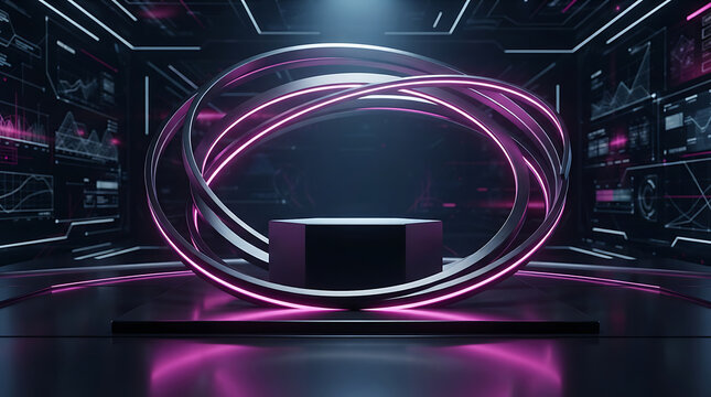 Abstract futuristic stage with glowing neon ring and product display podium