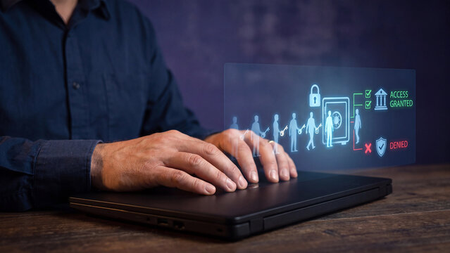 Bank access control and user authorization concept, man with laptop and virtual people queue at digital safe for access granted or denied, identity management and cybersecurity