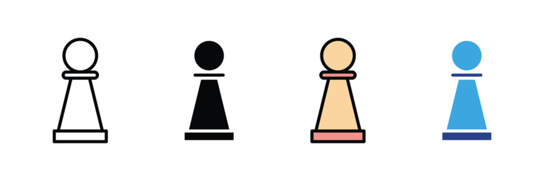 Chess pawn icon set with black and white outline styles, colorful variations for strategy game and board game design
