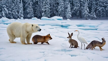 Fototapeta premium Arctic Wildlife Gathering at a Pond: Fox, Reindeer, and Bird in a Snowy Landscape, Natural Habitat, Winter Scene